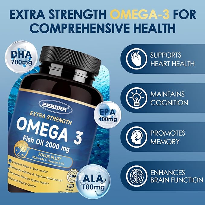ZEBORA Omega-3 Fish Oil 2000mg - High Potency DHA & EPA Omega 3 with Alpha-GPC & PS for Brain, Cognition & Heart Support, Sustainably Sourced, 120 Softgels
