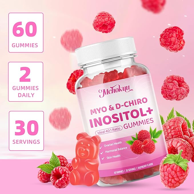 Myo-Inositol & D-Chiro Inositol Gummies, Ideal 40:1 Ratio Supplement for Women with Vitamin D3 & B12 for Support Hormonal Balance & Wellness, Sugar Free, Raspberry, 60 Count