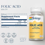 SOLARAY Folic Acid - Vitamin B9 Folic Acid Supplement, Prenatal Vitamin - Blood Cell Development Support - Vegan, Lab Verified, 60-Day Guarantee - 100 Servings, 100 VegCaps