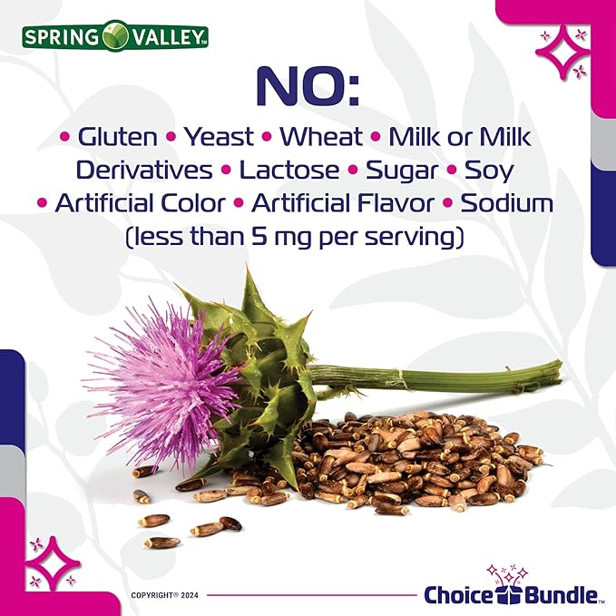 CHOICE BUNDLE Spring Valley Standardized Extract Milk Thistle Dietary Supplement Capsules 175 mg 180 Ct 2 pk (360 Total) + Vitamin Guide and Pill Container (4 Items)!