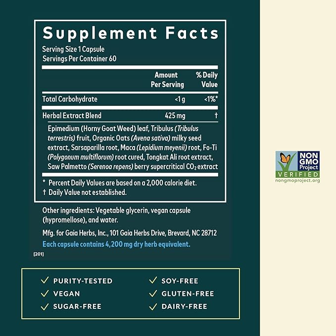 Gaia Herbs Male Libido - Herbal Supplement with Saw Palmetto, Horny Goat Weed & Oats - Traditional Herbs to Support Vitality & Energy Levels for Men* - 60 Vegan Liquid Phyto-Capsules (60 Servings)