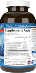 Carlson Super DHA Gems - 500 mg DHA Supplements, 640 mg Fatty Acids, Norwegian Fish Oil Concentrate, Wild-Caught, Sustainably Sourced Fish Oil Capsules, 240 Softgels