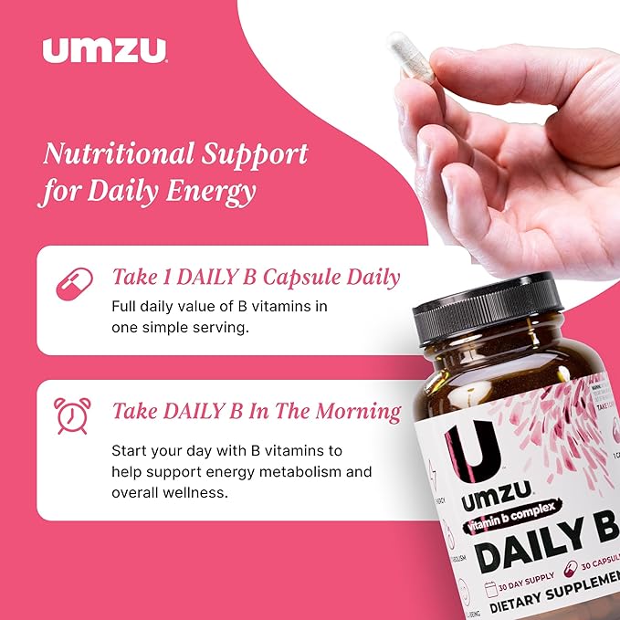 UMZU Daily B, 30 Day Supply – Complete Vitamin B Complex Supplement Blend with B1, B2, B3, B5, B6, B7, B9 & B12 Plus Folic Acid & Biotin – Supports Energy, Focus, Mood, Metabolism & Overall Wellness
