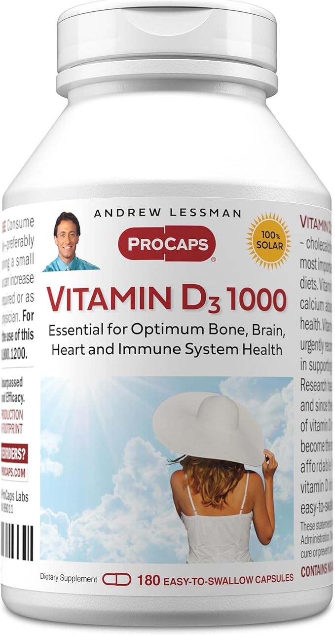 ANDREW LESSMAN Vitamin D3 1000 IU 180 Capsules - High Potency, Essential for Calcium Absorption, Supports Bone Health, Healthy Muscle Function, Immune System, More. Small Easy to Swallow Capsules
