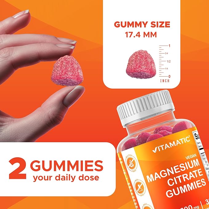 Vitamatic Magnesium Gummies 600mg per Serving – 60 Vegan Gummies – Relaxation, Muscle, Bone & Energy Support – 3 Pack