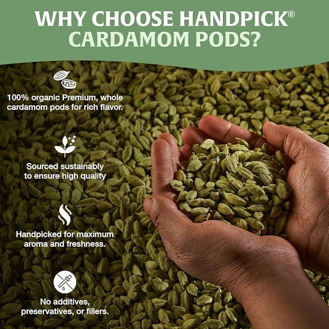 HANDPICK Green Cardamom Pods (57g / 2oz) Large size Green Elaichi | Pure, Non-GMO, Gluten Free | 100% Raw from India | Resealable Zip Lock Pouch