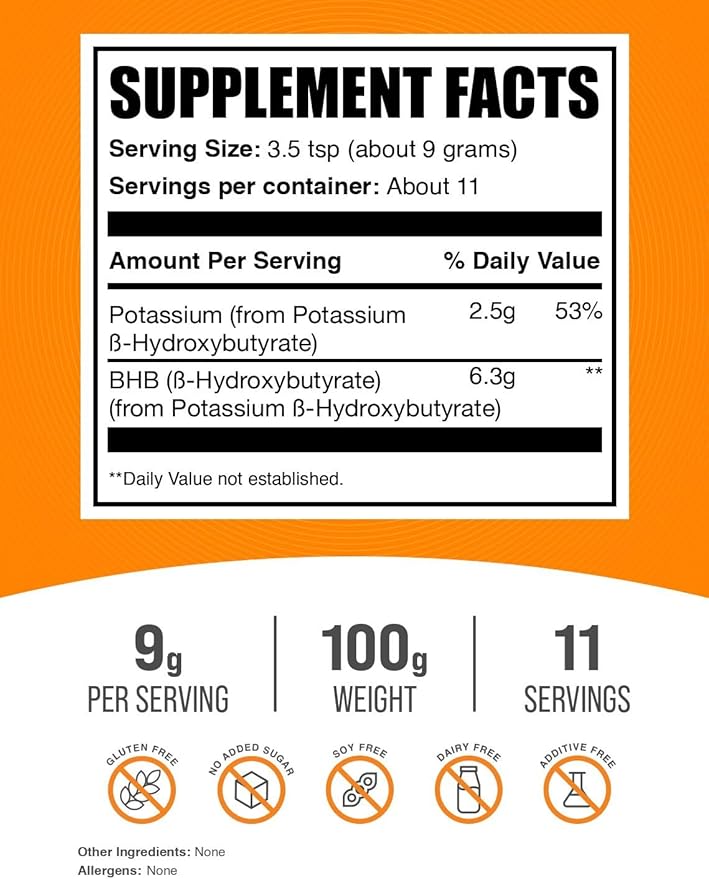 BulkSupplements.com Potassium BHB Powder - Beta-Hydroxybutyrate Powder, Unflavored Potassium BHB Supplement - Vegan & Gluten Free, 9g per Serving, 100g (3.5 oz) (Pack of 1)