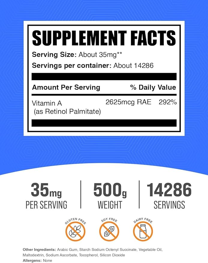 BulkSupplements.com Vitamin A Palmitate Powder - as Retinol Palmitate, Vitamin A Supplement for Immune & Eye Support - Gluten Free, 35mg per Serving, 500g (1.1 lbs) (Pack of 1)