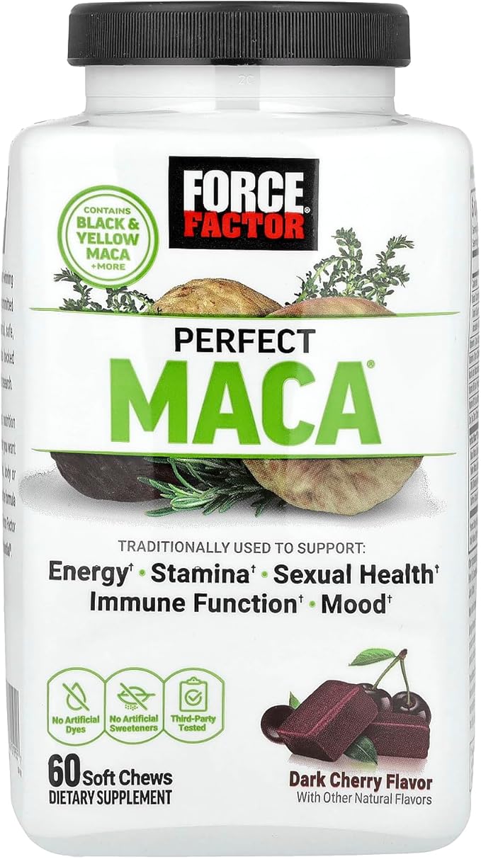 Force Factor Perfect Maca, Maca Root and DIM Supplement with Saffron to Boost Energy and Mood, with Yellow and Black Maca, Vitamins, Minerals, and Antioxidants, Dark Cherry Flavor, 60 Soft Chews