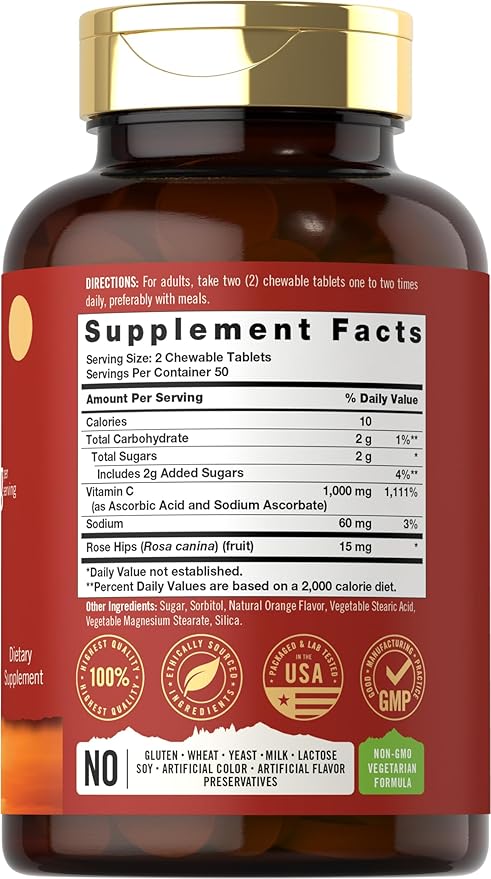 Carlyle Vitamin C Chewables | 1000mg | 100 Tablets | Natural Orange Flavor | Vegetarian, Non-GMO & Gluten Free Supplement | Tahoe Nutritionals