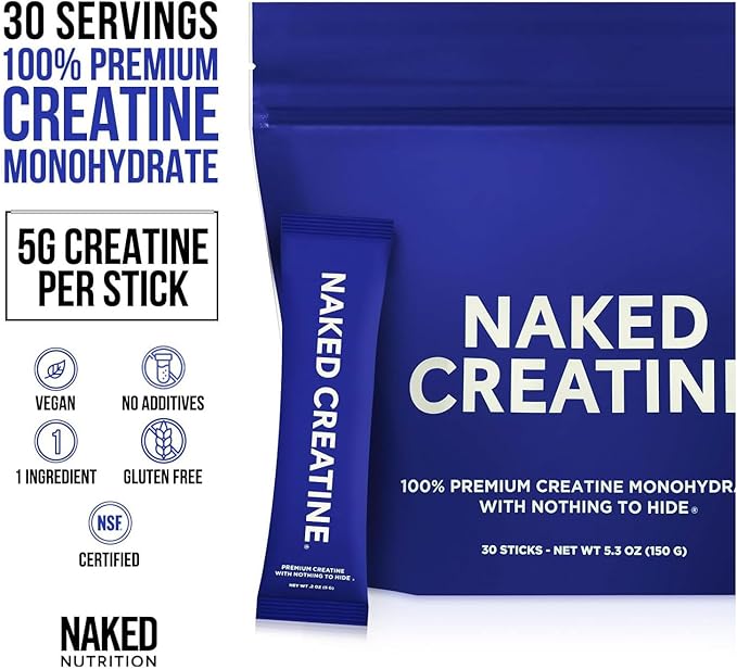 NAKED Creatine Stick Packs - Unflavored Micronized Creatine, NSF Certified,Vegan, Non-GMO, Gluten-Free, Soy-Free, No Fillers, Supports Muscle Growth & Strength - 30 Servings