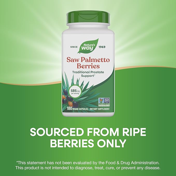 Nature's Way Saw Palmetto Berries, Traditional Prostate Support*, 585 mg per serving, Non-GMO Project Verified, Vegan, 180 Capsules