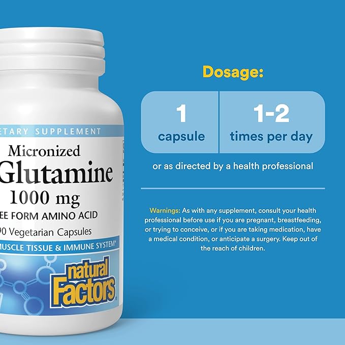 Natural Factors - Micronized L-Glutamine 1000mg, Support for Muscle Tissue & Immune System, 90 Vegetarian Capsules