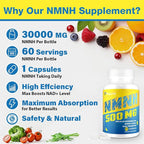 NMNH (NMN Supplement Alternative) NAD Supplements for Anti Aging, Energy, Immune, Focus (Dihydronicotinamide Mononucleotide) 500mg, to Boost NAD+ Levels As We Age, Pure Organic - 60 Capsules