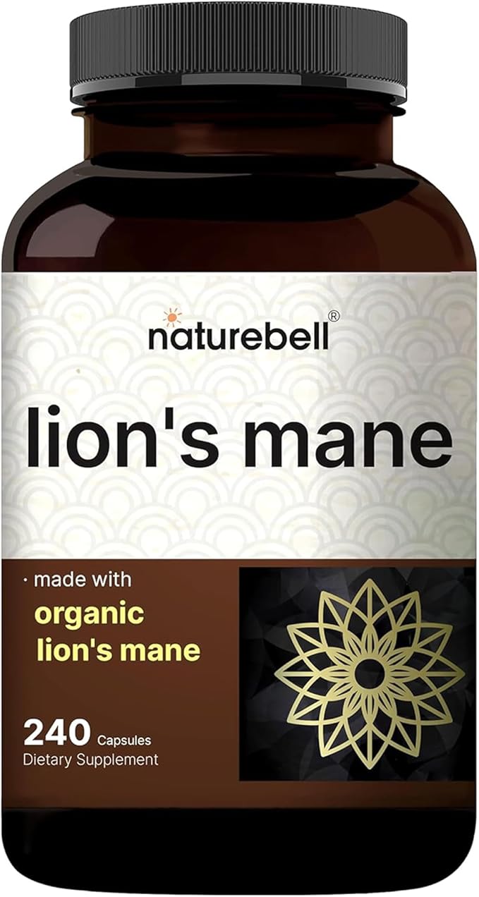 NatureBell Lion’s Mane - 240 Capsules - Organic Fruiting Body & Mycelium - Brain, Immune & Energy Support* - High-Potency Extract - Non-GMO & Gluten-Free