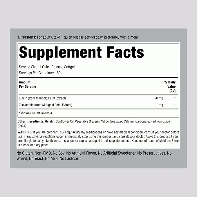 Piping Rock Lutein and Zeaxanthin Supplement | 20mg | 180 Softgels | from Marigold Extract | Non-GMO, Gluten Free