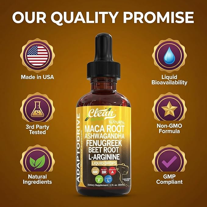 Clean Nutra Organic Maca Root Liquid Drops with Ashwagandha, Fenugreek, Beet Root and L-Arginine Liquid Multivitamin for Women and Men - Adapto Drive
