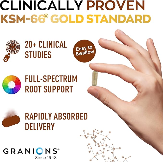 Granions KSM66 Ashwagandha Supplements - 1,050 mg, 5% Withanolides, Clinically Studied KSM-66 Root Extract Pills - Vegan Stress and Focus Support for Men and Women - 90 KSM 66 Ashwagandha Capsules
