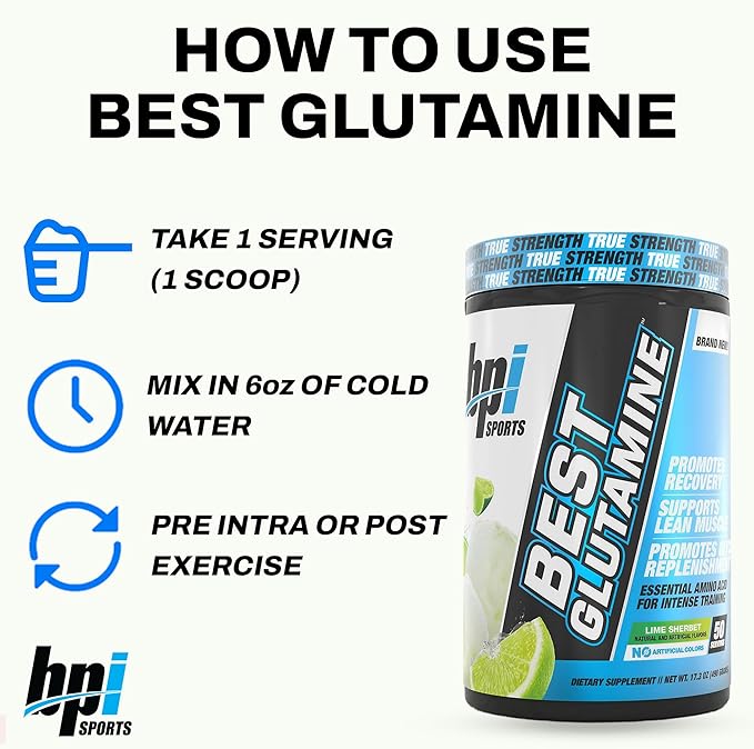 BPI Sports Best Glutamine Supplement, L Glutamine Powder for Gut Health, Muscle Recovery and Immune Support – 6 Advanced Glutamine Types + Vitamin C – 50 Servings – Lime Sherbet Flavor