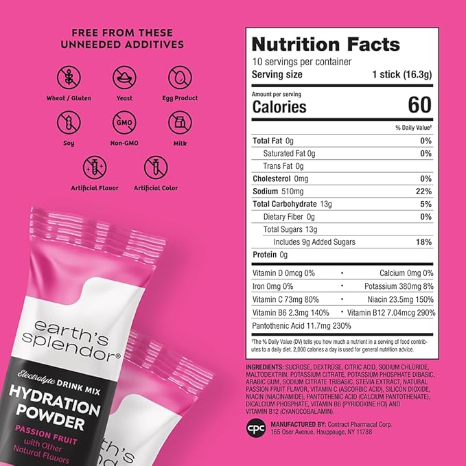 Earth’s Splendor Electrolytes Powder Packets Passion Fruit Hydration Drink Mix Sticks with Essential Vitamins for Energy & Sports Performance Travel-Friendly Single-Serve Packets for Daily Use 10 Pack