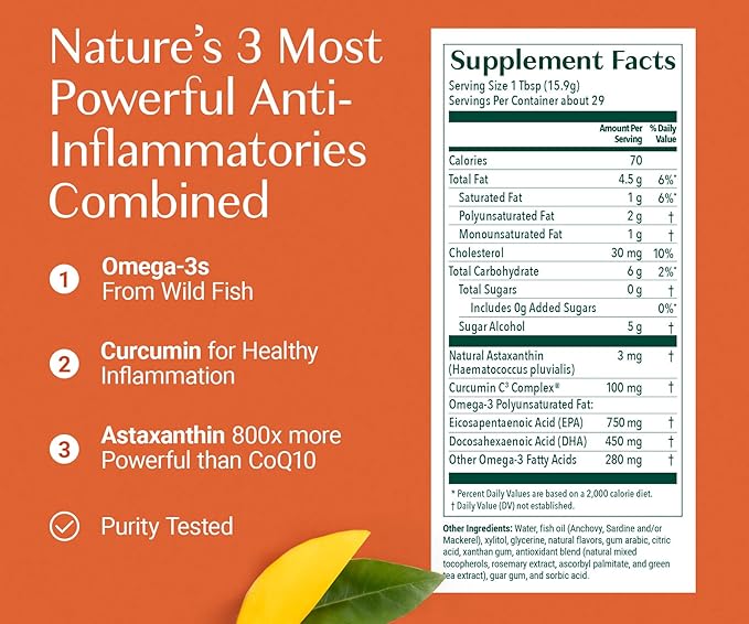 ALGAECAL Triple Power Omega 3 Fish Oil - EPA DHA Omega 3 Supplement 1200mg, Liquid Fish Oil with Turmeric Curcumin & Astaxanthin, Joint Support & Inflammation Relief, Mango Flavor, 16 oz