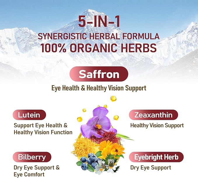 Saffron Extract Drops for Eye Health, 5-in-1 Herbal Supplement Liquid Tincture for Healthy Vision & Dry Eye Support with Bilberry Lutein Zeaxanthin. 2 oz