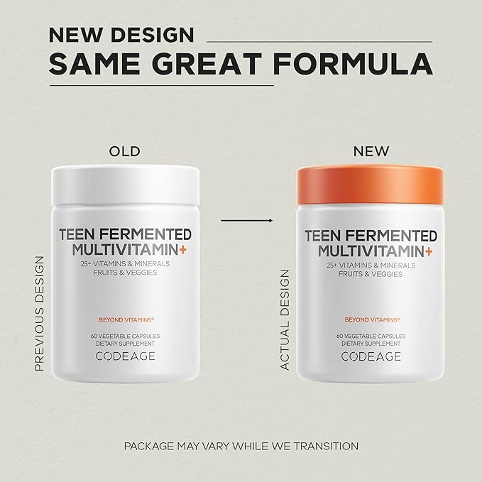 Codeage Teen Multivitamin Supplement – Daily Vitamins and Minerals for Teen Boys and Girls – Organic Whole Food Formula with Omega-3 and Vitamins A to K - 60 Capsules