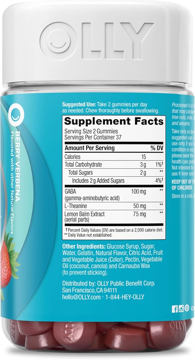 OLLY Goodbye Stress Gummy,GABA,L-Theanine,Lemon Balm,Stress Relief Supplement,Berry -,74 Count (Pack of 2)