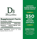 Nature's Bounty Bounty D-1000 IU Dietary Supplement Rapid Release Liquid Softgels 350 ea (Pack of 3)