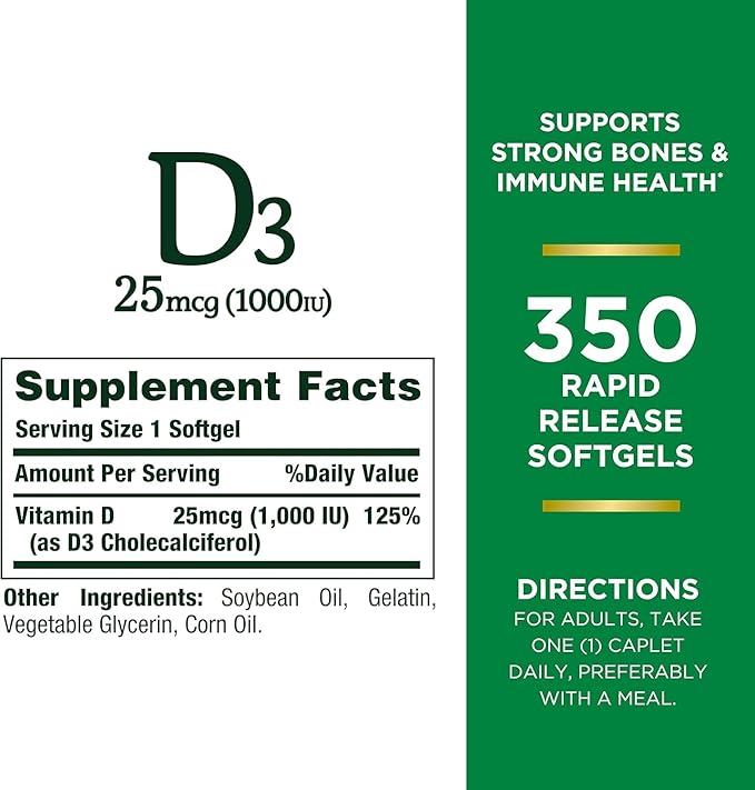 Nature's Bounty Bounty D-1000 IU Dietary Supplement Rapid Release Liquid Softgels 350 ea (Pack of 3)