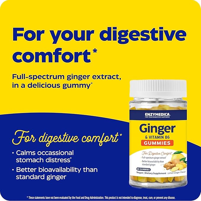 Enzymedica Ginger Root & Vitamin B6 Gummies for Women & Men, Support for Occasional Nausea, Helps Digestion, Vegan, Gluten Free - 60 Count