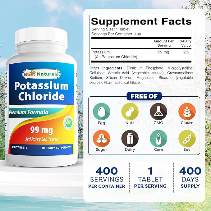 Best Naturals Potassium Chloride Supplement 99mg 400 Tablets - 3rd Party Lab Tested