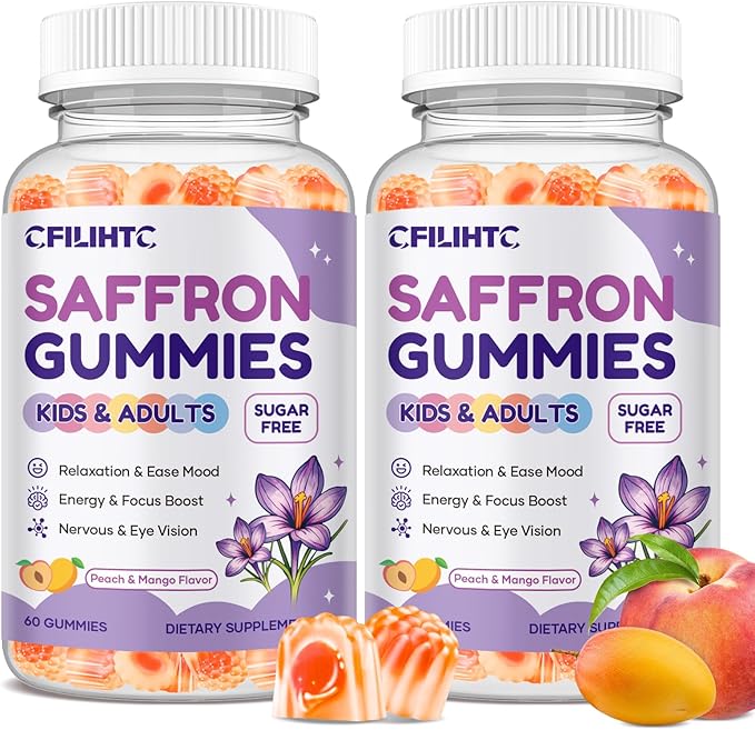 Saffron Gummies for Kids & Adults, 20-in-1 Saffron Supplements with 88.5mg Saffron Extract, B6, B12, C, D3, Magnesium for Calm, Focus, Nerve, Sugar Free, Vegan, Non-GMO Peach Mango Flavor, 120 Counts