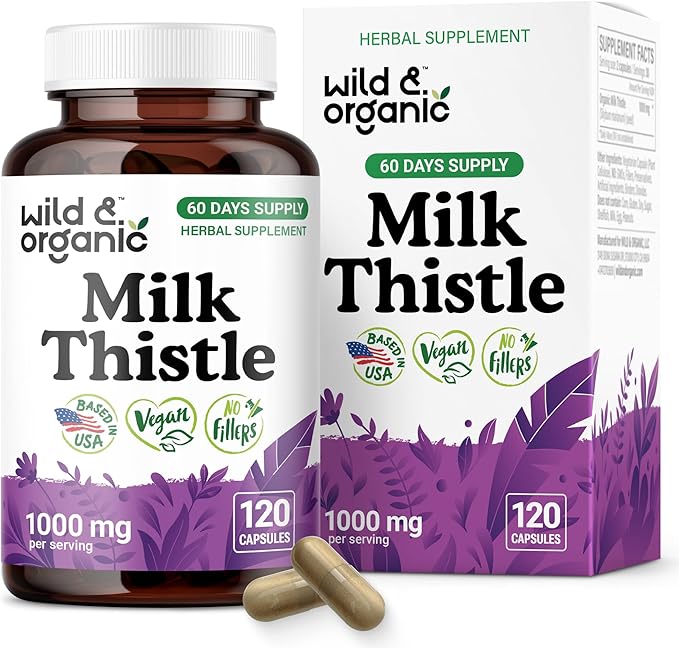 Wild & Organic Milk Thistle Capsules 1000mg - Liver Detox Cleanse - Silymarin Milk Thistle Supplement for Liver Support - 120 Vegan Capsules - 2-Month Supply - No Fillers, Non-GMO