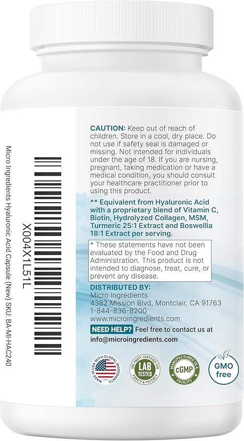 Micro Ingredients Hyaluronic Acid Complex, 240 Vegetarian Capsules | with Collagen, MSM, Vitamin C, Biotin, Turmeric & Boswellia | Non-GMO, Filler-Free, cGMP Manufactured & Lab Tested