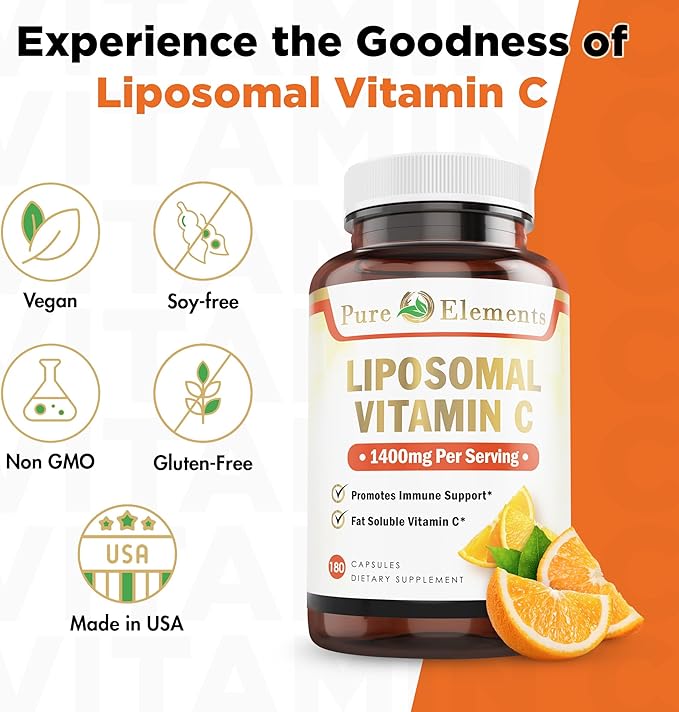Pure O Elements Vitamin C Liposomal Supplement Capsules 180 Count – High Absorption Ascorbic Acid, Non-GMO, Soy Free, Gluten Free - Pure Vitamin C