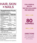 Nature's Bounty Hair, Skin & Nails with Biotin and Collagen, Citrus-Flavored Gummies Vitamin Supplement, Supports Hair, Skin, and Nail Health for Women, 2500 mcg, 80 Ct (2 Pack), 80 Total Servings