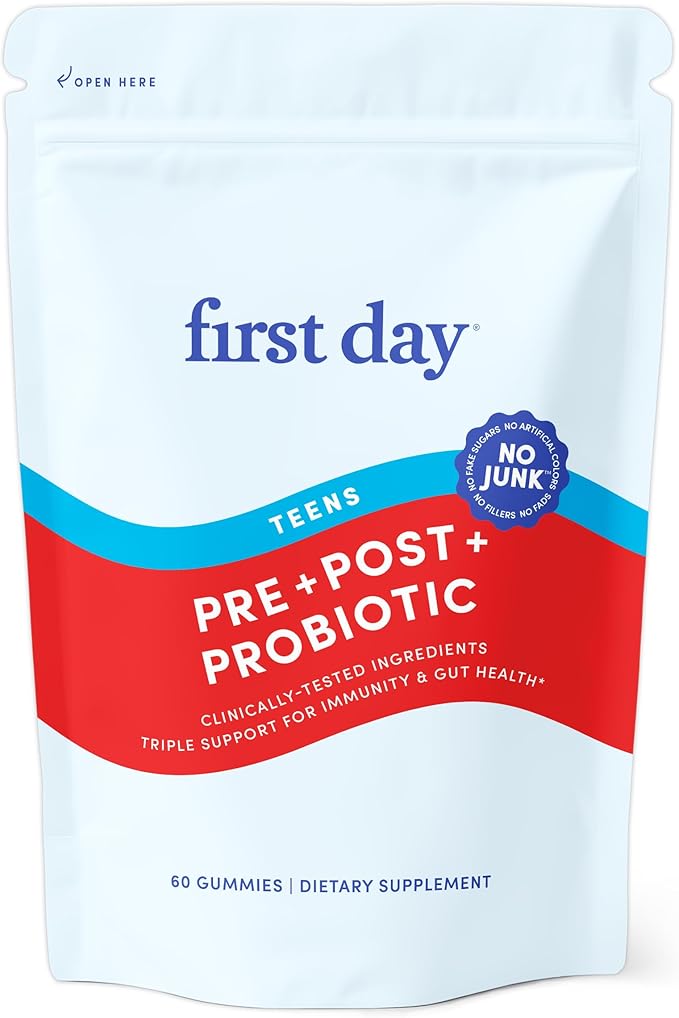 FIRST DAY Teens’ Gut Sustainer Tribiotic Gummies – 3-in-1 Prebiotic, Probiotic & Postbiotic Supplement – Supports Digestive, Skin, Oral & Immune Health, Nutrient Absorption & Growth – 30-Day Supply