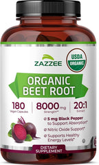 Zazzee USDA Organic Beet Root 20:1 Extract, 180 Vegan Quick Release Capsules, 6 Month Supply, Nitric Oxide Support, Black Pepper Extract for Enhanced Absorption, Certified Kosher, Non-GMO, Made in USA