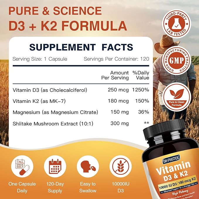 DRFOSTER Vitamin D3 K2, 10000 IU Vitamin D3 Plus 180 mcg of Vitamin K2, Supplements for Adults for Bone & Heart Health Support, 120 Capsules