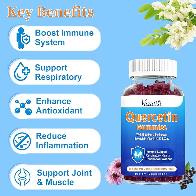 2 Pack Quercetin with Bromelain Gummies, Quercetin with Vitamin C Zinc & Elderberry for Immune System & Allergy, Chewable & Vegan Gummies, Mixed Berry Flavor 120 Cts