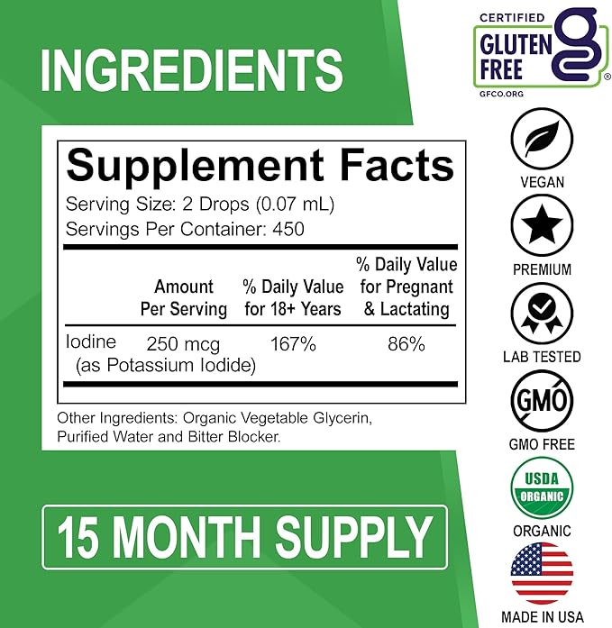 Iodine Liquid Drops Potassium Iodide - 1 Year Supply Pure Clear Organic Iodine Drops Supplement Plus Thyroid Support - Organic Potassium Iodide Liquid Supplement Tincture Thyroid Supplements 1 Fl Oz