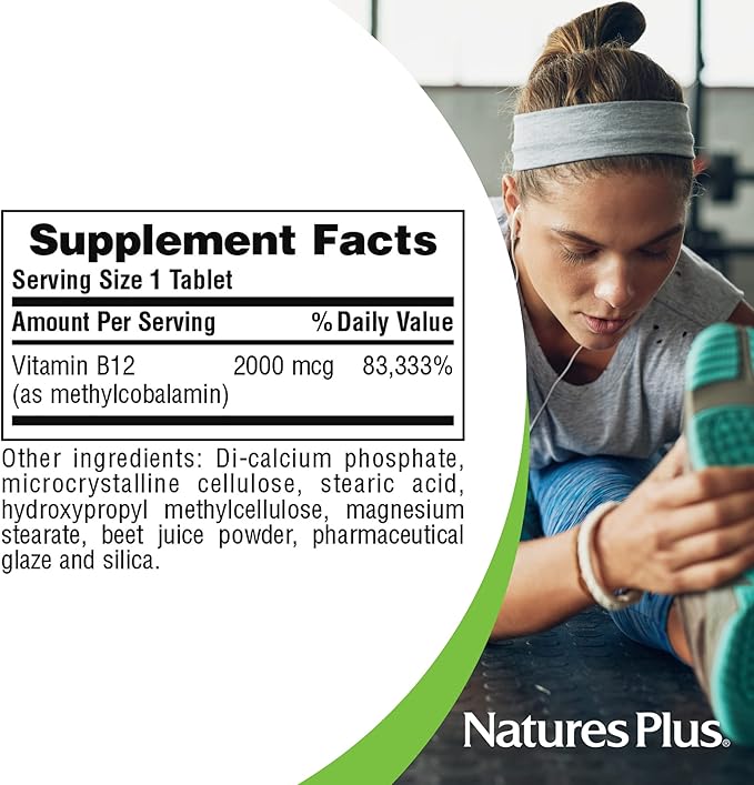 NaturesPlus Vitamin B12 (Methylcobalamin), Sustained Release - 2000 mcg, 60 Vegetarian Tablets - High Potency Red Blood Cell Support - Natural Energy Booster - Gluten-Free - 60 Servings (Pack of 2)