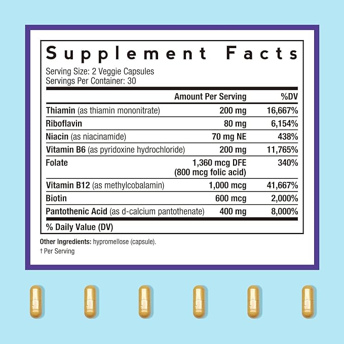 Doctor's Recipes Ultra B Complex Vitamins for Women and Men, with Methylated B12 1000mcg, B6, B1, Folic Acid, for Energy Metabolism, Nerve & Mood Support, Vegan, 60 Capsules, 30 Day Supply