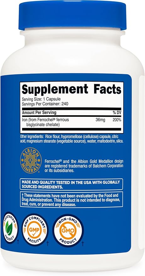 Nutricost Chelated Iron, As Ferrochel, 36mg, 240 Capsules