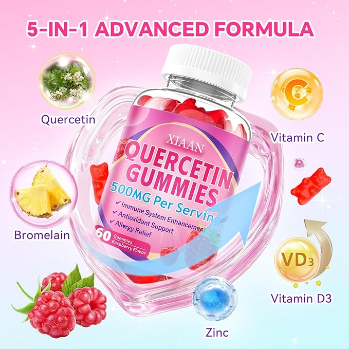 Quercetin Gummies 500mg for Kids & Adults, Organic Quercetin Supplements with Bromelain Zinc Vitamin C and D3 Support Antioxidant & Immune System Health, Strawberry Flavor 60 Count