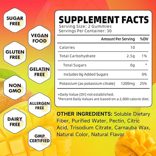 2 Pack Potassium Citrate Gummies, High Potassium Supplement Gummies 1200mg for Adults & Kids, Support Leg Cramps & Muscle Health, Vegan, Mango Flavor 120 Count