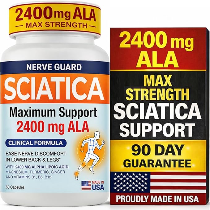 Sciatica Relief Supplement with 2400 mg Alpha Lipoic Acid – Maximum Strength Sciatic Nerve Support for Lower Back & Legs – 2400mg ALA, Vitamins, Magnesium, Turmeric & Ginger – 60 Capsules