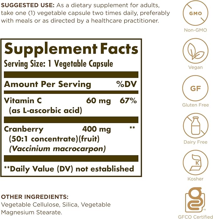 Solgar Cranberry with Vitamin C - 60 Vegetable Capsules - Supports Urinary & Bladder Health - Non-GMO, Vegan, Kosher, Gluten Free - 60 Servings