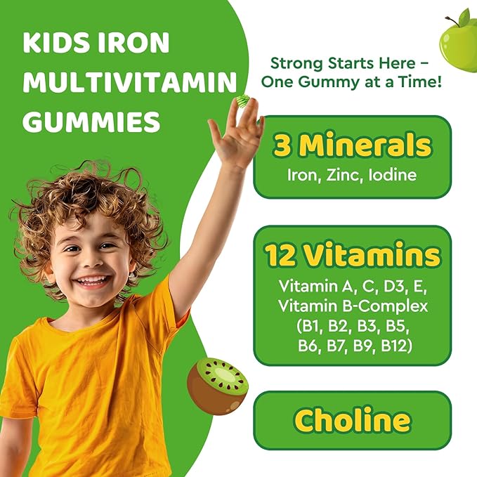 Iron Supplement Gummies for Kids, Kids Multivitamin with Iron Gummies - Zinc, Vitamin B Complex, A, C, D3, B12, Folate for Blood Builder & Energy Support, Vegan Sugar Free Green Apple & Kiwi 60ct